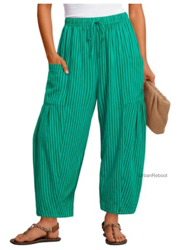 Cotton Linen Wide Leg Palazzo Barrel Pants With Pockets, Drawstring Elastic